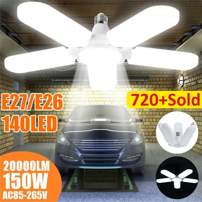 

150W LED Fan Garage Lights E27 Bulb 20000LM 85-265V 6500K 2835 Led High Bay Lamp Super Bright Industrial Lighting for Workshop
