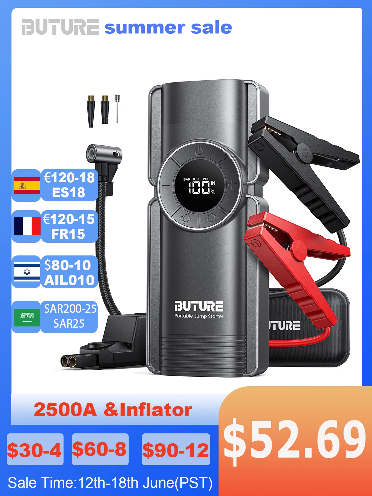 Бутуре 4 в 1 стартер для запуска автомобиля с насосом 150PSI, компрессором для воздуха, батареей на 20000 мАч, устройством для запуска 2500A и цифровым насосом для накачивания шин на 15 В.