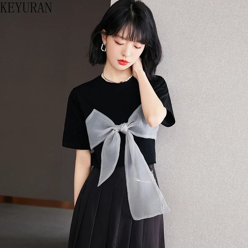 

Ins Sweet Bow Black Women's T-shirts Tops Fashion Streetwear 2022 Summer O-Neck Loose Short Sleeve Casual T-shirt Female Tees