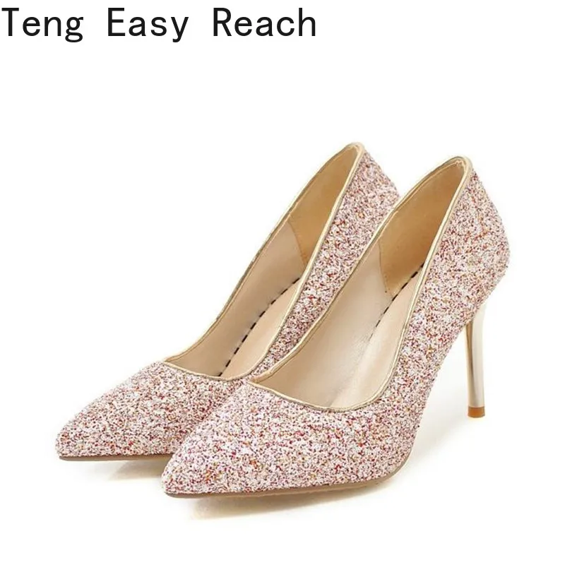 

Pumps Women Spring Summer 2022New All-Match Splicing Material High Heels Girls Pointed Slip-on Work Party Dress Shoes Golden 39