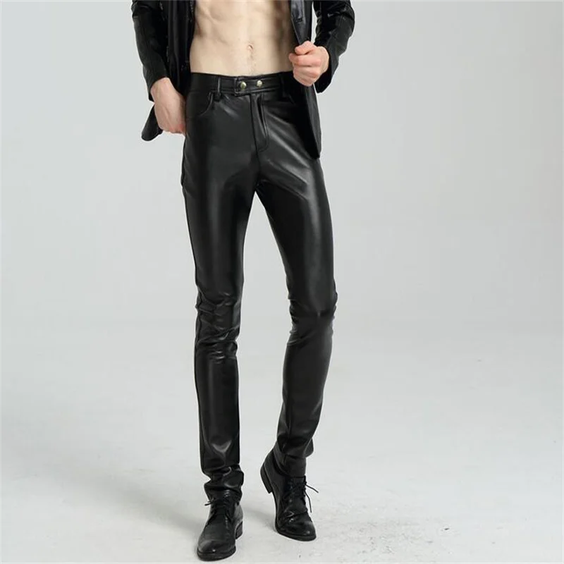 

Street personality fashion motorcycle faux leather pants mens feet pants youth casual pu trousers for men pantalon homme black
