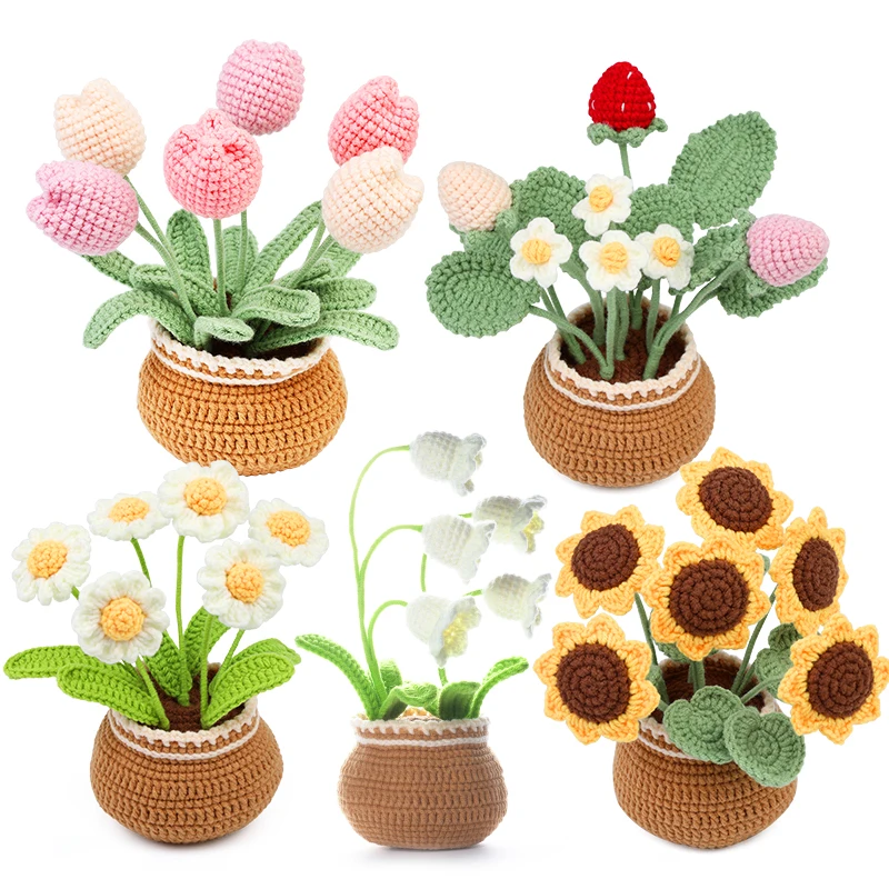 

MIUSIE Not Finished Handwoven DIY Tulip Material Bag Small Daisy Potted Flower Bouquet Wool Hook Woven Material Bag Gif