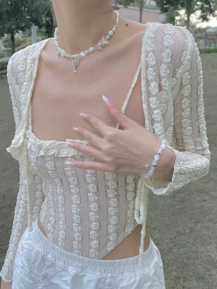 

Женский кружевной топ с оборками, футболка с длинным рукавом и оборками, Y2K