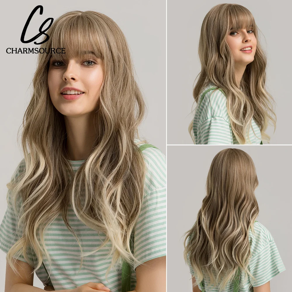 

Long Natural Wavy Wig for Women Ombre Light Brown to Blonde Synthetic Wigs with Bangs Heat Resistant Fiber Cosplay Daily Party
