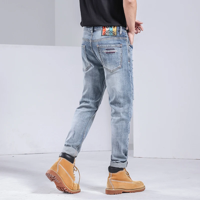 Spring Summer Light Weight Ripped Straight Fashion Street Jeans Men's Casual Stretch Denim Pants Male Mid-waist Trousers