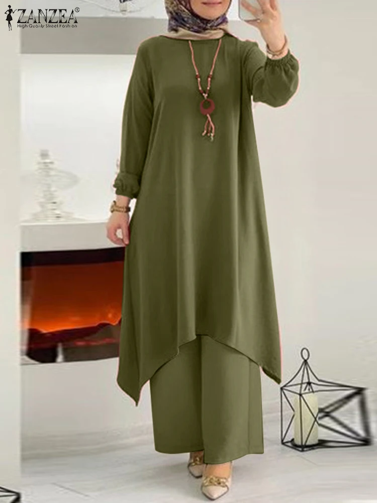 

ZANZEA Autumn Muslim Sets 2PCS Casual Long Sleeve Blouse Suits Dubai Turkey Islamic Clothing Fashion Women Wide Leg Pants Sets