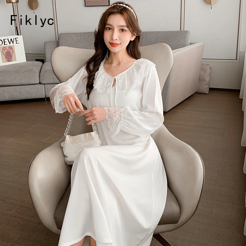 

Fiklyc Full Sleeve Women French Collar Ice Silk Long Design Nightgowns Sleepshirts Satin Lace Cute Female Night Dress Hot