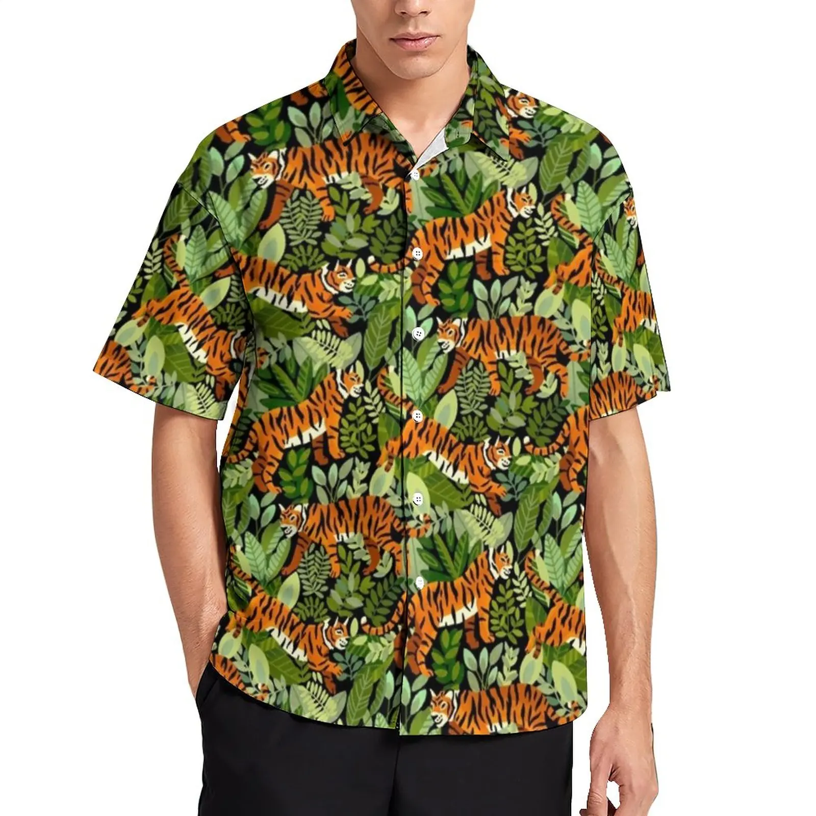 

Bengal Tiger Print Beach Shirt Green Jungle Hawaii Casual Shirts Male Stylish Blouses Short Sleeve Graphic Clothing Plus Size
