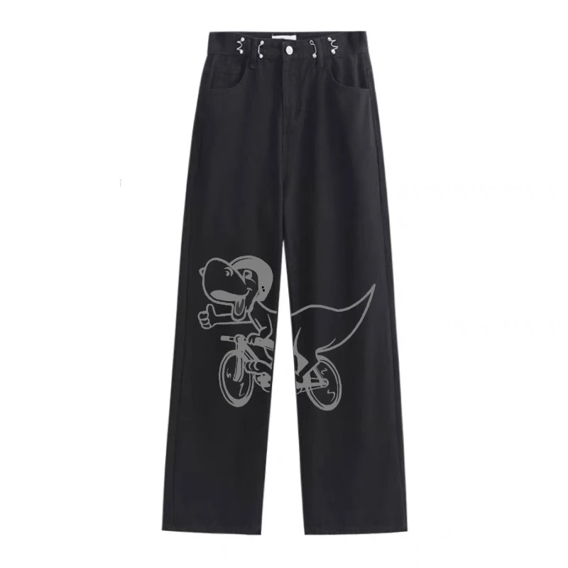 Street Funny Print Low Waisted Cargo Pants Y2K Aesthetics Indie Women Jeans Trend Denim Trousers  Harajuku Grunge Wide Leg Jeans