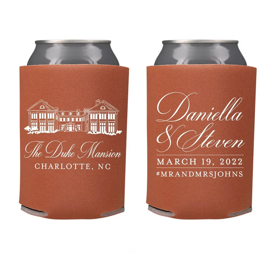 Custom Venue Illustration - Wedding Can Cooler,Wedding Favors, Beverage Holder, Wedding Favor, Can Holder, Can Insulator, Favors