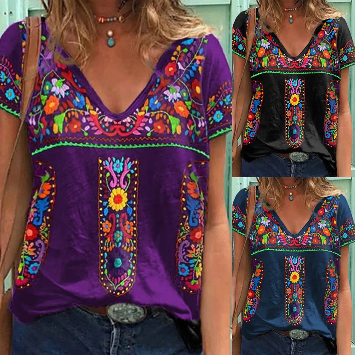 

Summer Women's Printed V-neck Retro Short-sleeved T-shirt Fashion New Female and Lady Casual Commuter All-match Tops