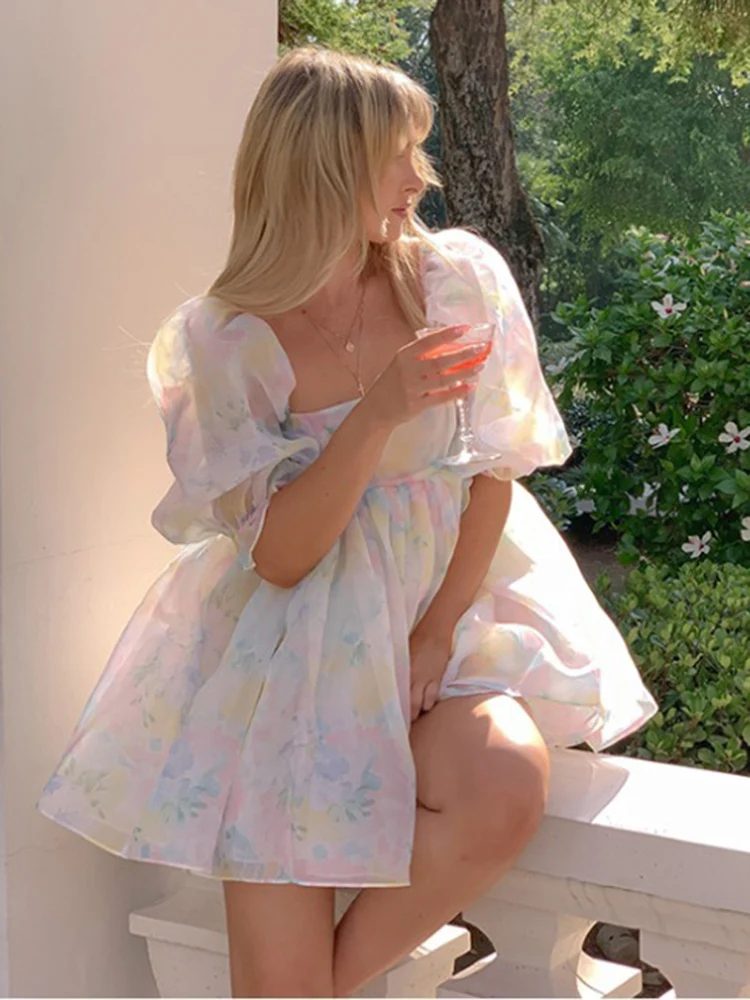 

Floral Print Party Club Mini Dress Woman Lovely Princess Lantern Short-Sleeve Elegant Square Collar Organza Dress Summer