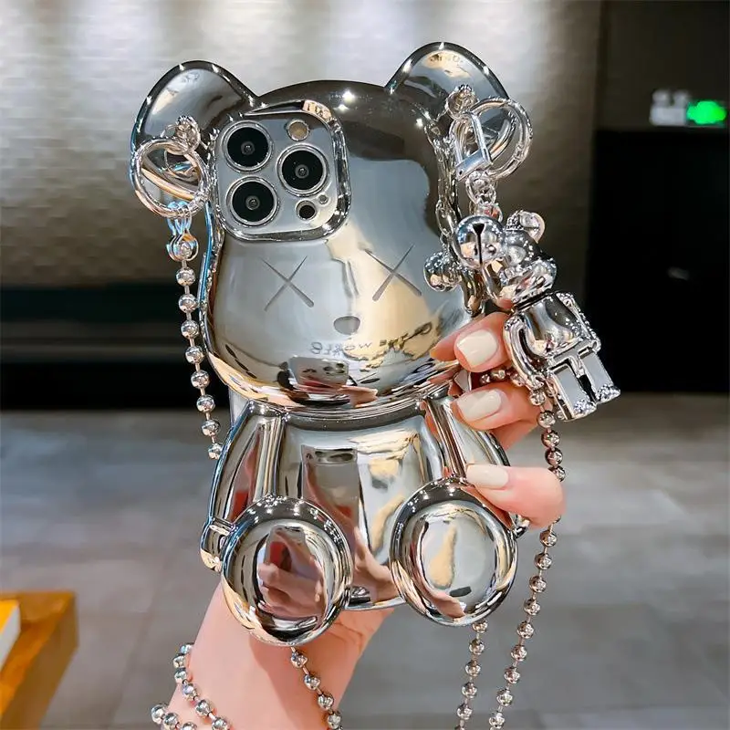 

Чехол 13 Pro с 3D медведем, милый чехол через плечо с цепочкой и ремешком для iphone 11 Pro Max 11 12 13 с ремешком, очаровательный чехол 14 Plus