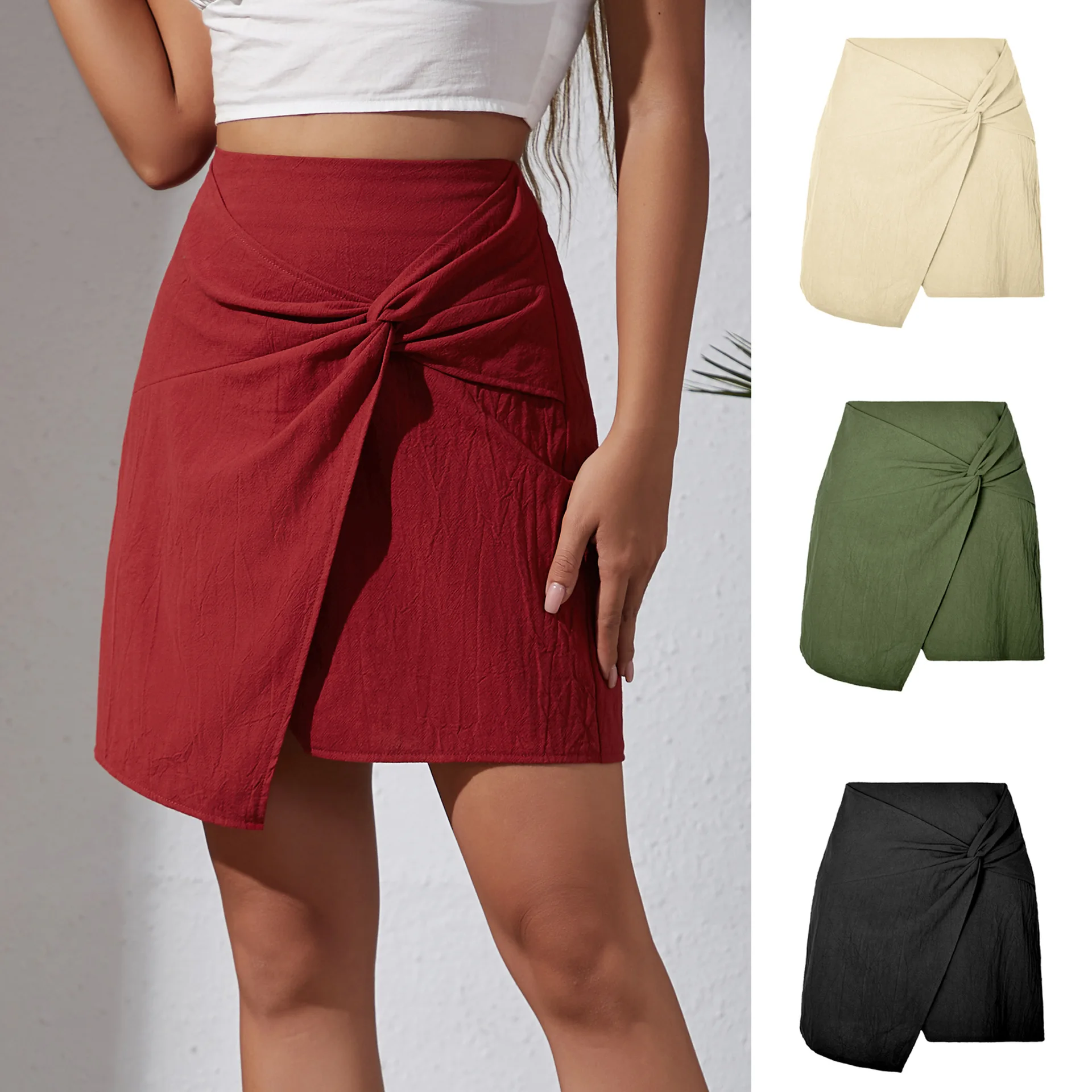 

Женская мини-юбка с завышенной талией, однотонная Асимметричная облегающая юбка из хлопка и льна с перекрученным узлом, весна-лето 2023