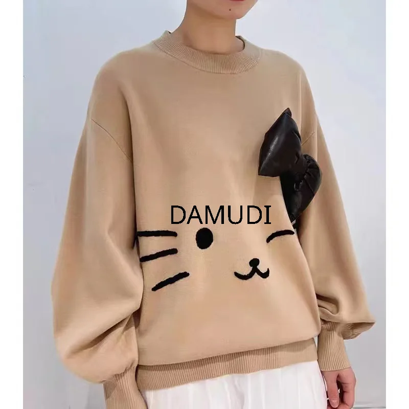 

2023 Spring Fun Pattern Detachable Bow Knot Wool Blended Pullovers Loose Knitted Sweater Jumper Pullover for Women