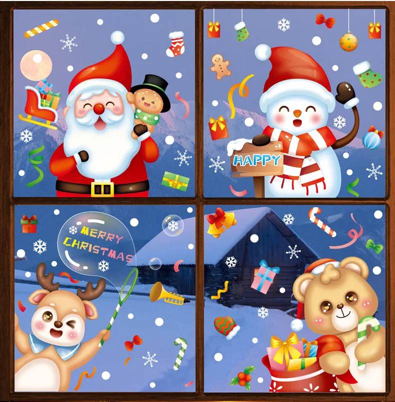 

New Christmas Decoration Window Glass Stickers Cartoon Color Santa Snowman Penguin Xmas Tree Window Stickers Happy New Year 2024