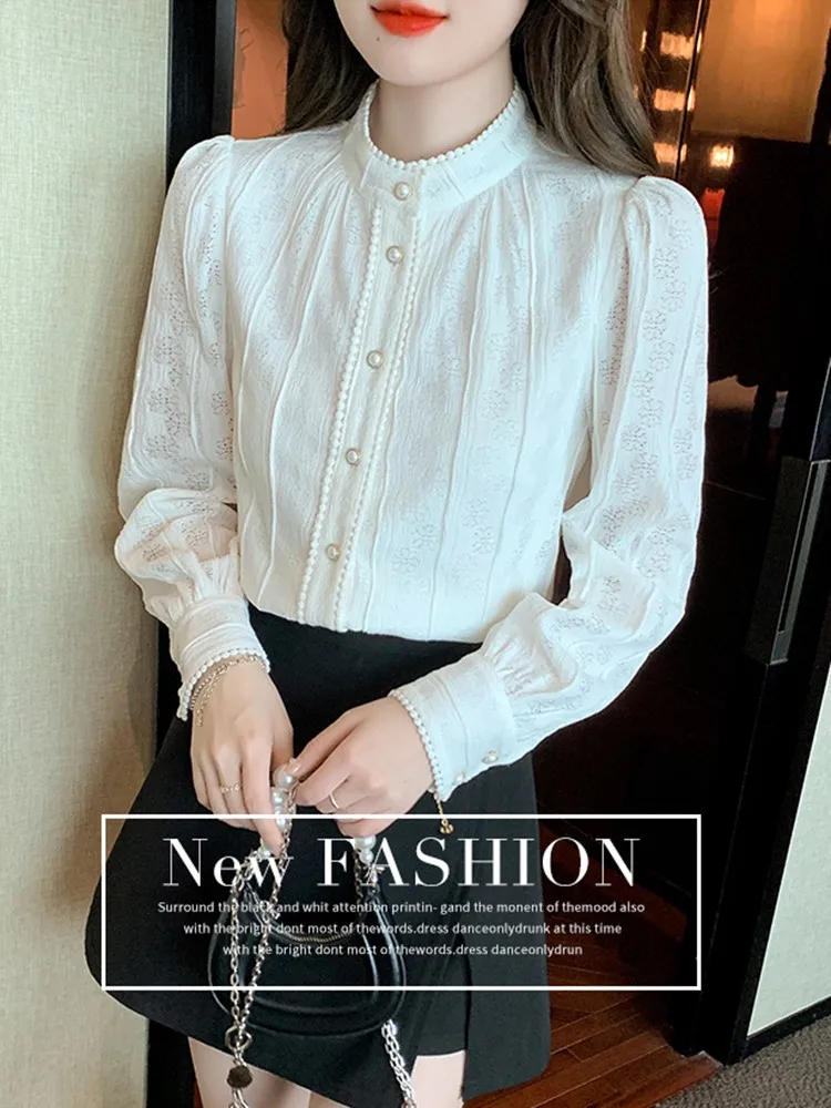 Женская Офисная рубашка элегантная белая блузка с длинным рукавом и высоким