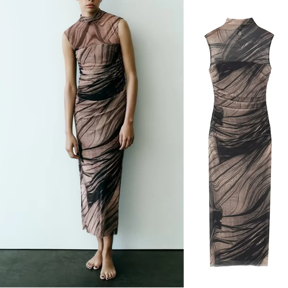 

Новинка осени 2023, женское модное французское нишевое модное универсальное шелковое платье с принтом PB & ZA 8637462