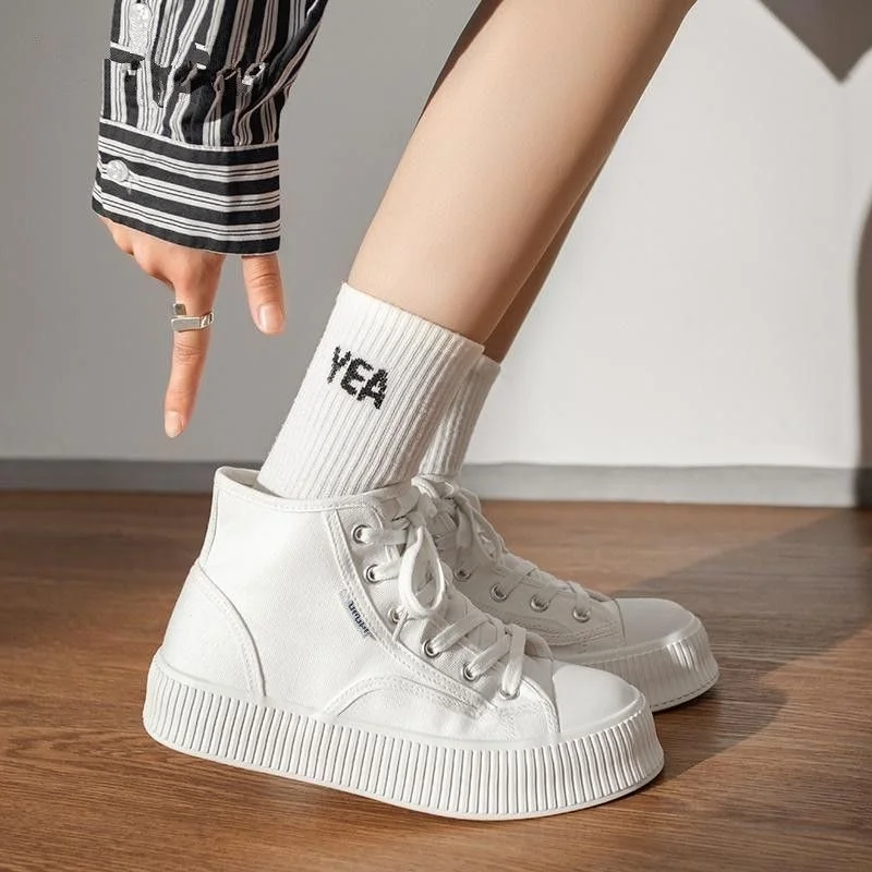 

Кроссовки HOUZHOU женские холщовые, высокие кеды, Повседневная Вулканизированная подошва, спортивная обувь для бега, кавайные, белые, осень 2022