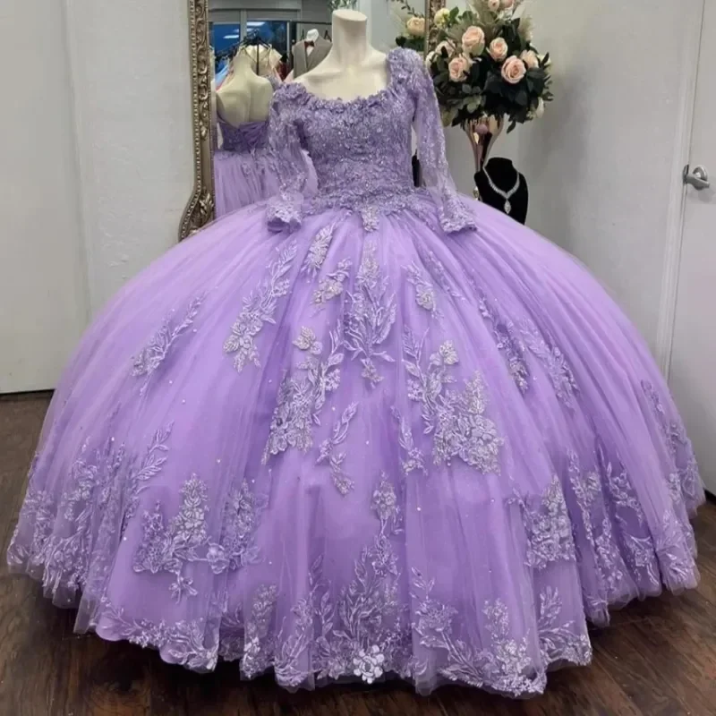 Блестящие лавандовые платья Quinceanera платье с круглым вырезом на шнуровке длинными
