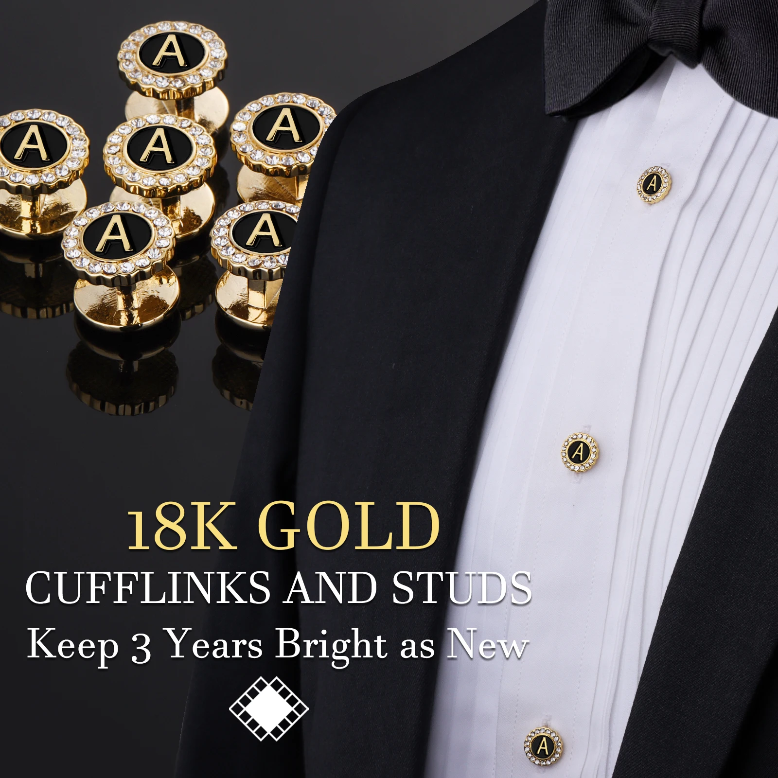 HAWSON Men's Personalized Letter Crystal Cufflinks with Tuxedo Studs Set,  For French Cuff Shirts with Gift Boxed，Gift for him