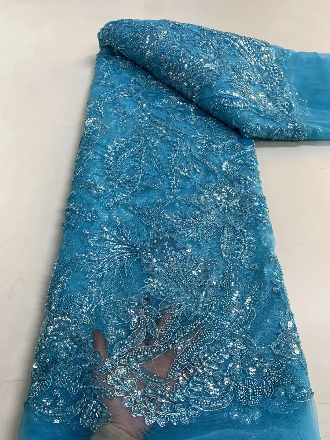 

Luxurious Nigerian Handmade Beads Lace Fabric 2023 High Quality Sequins Beaded Embroidery African French Lace Fabric For Dress