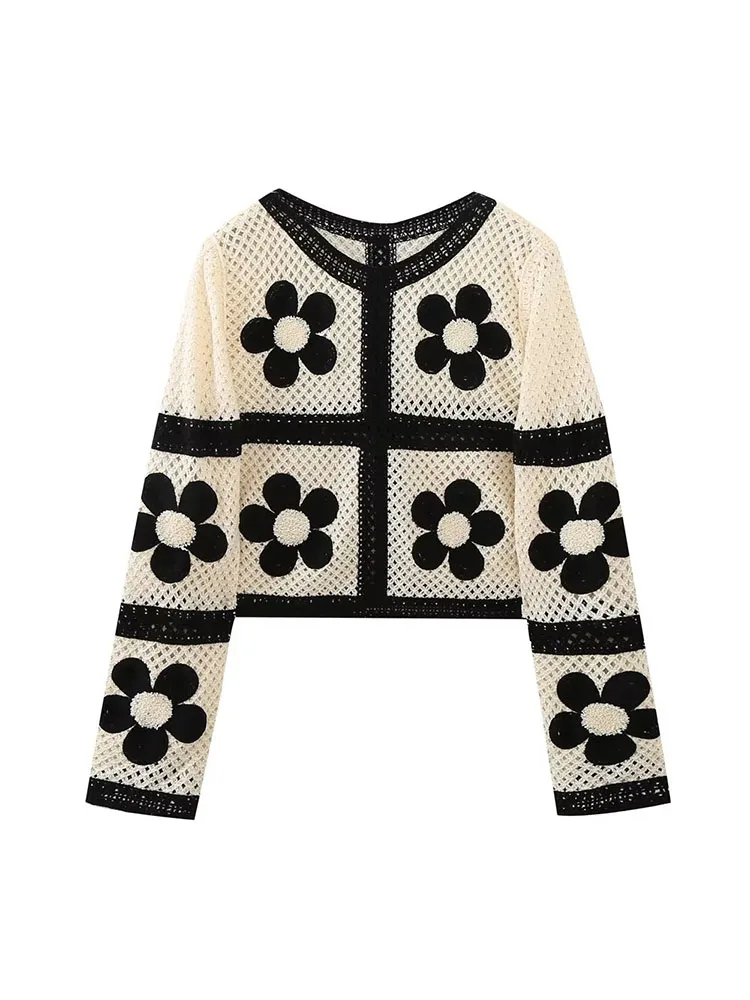 

Женское вязаное крючком пальто BSK & ZA & TRF, винтажные пуловеры с круглым вырезом и длинным рукавом, шикарные топы, новинка 2023