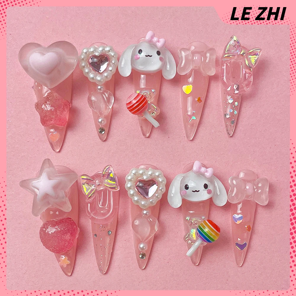 Cinnamoroll Прозрачные розовые длинные поклонники ногтей Многоцветные мультяшные