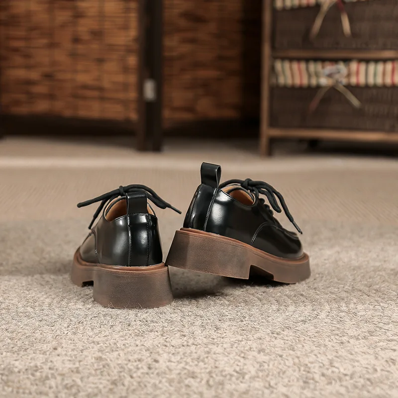 Platform Oxfords Loafers Women Lace Up Round Toe Eco-friendly Leather Shoes Mixed Color Casual Dress Ladies Shoes Handmade 4.5cm