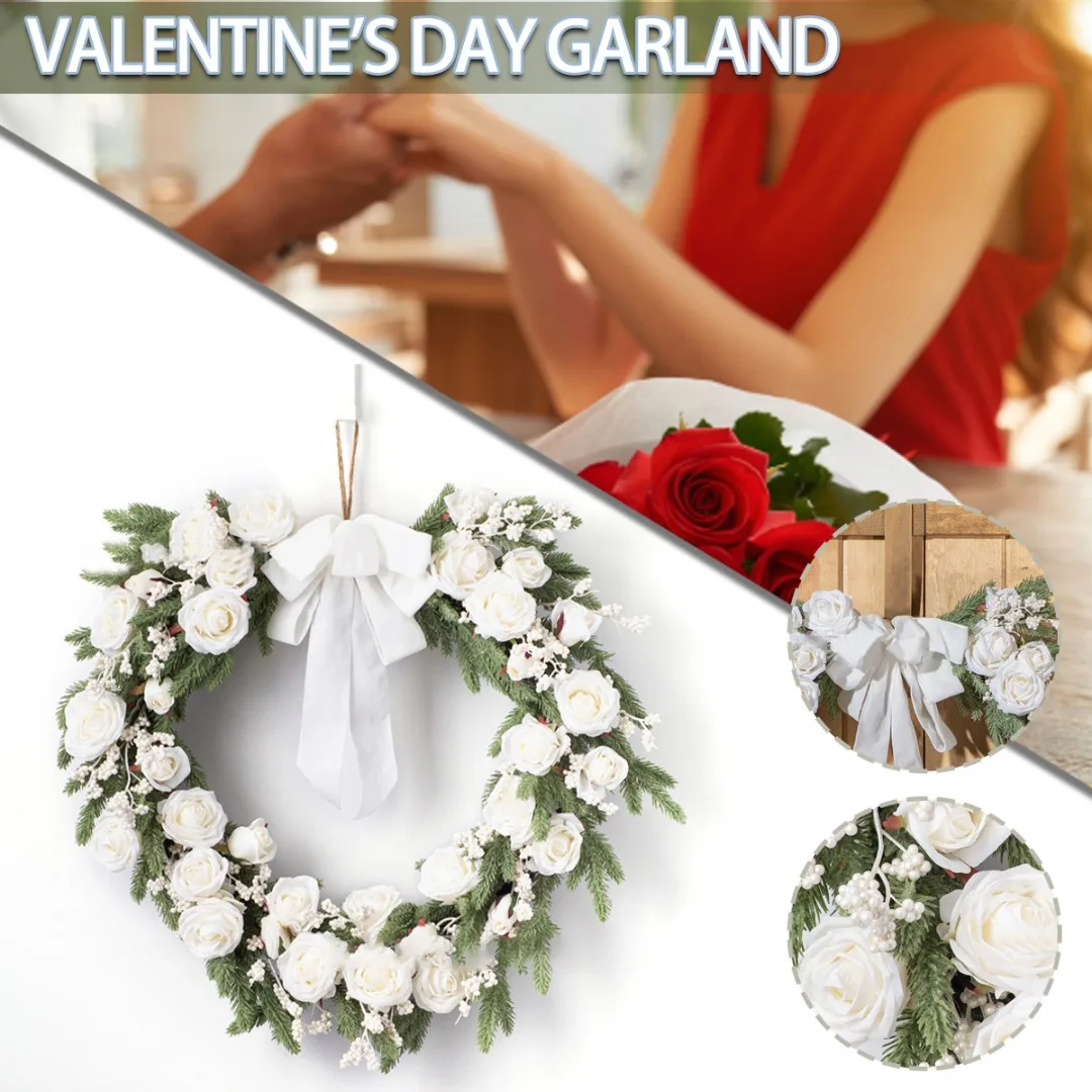 

White Rose Artificial Wreaths Spring Summer Heart-Shaped Rose Door Wall Hanging Wreath For Front Door Valentines Day Gifts