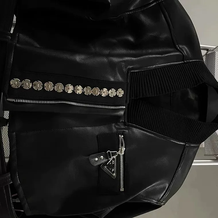 LXUNYI Autumn New Black Short PU Leather Jacket Female Oversize personality Fashion Long Sleeve Motorcycle jackets Woman Coat