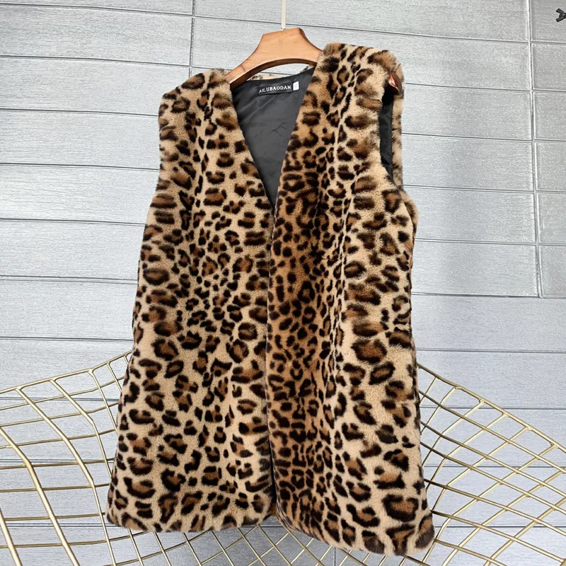 Imitated Rex Rabbit Fur Leopard Pattern Winter Mid length Imitated Fur Vest Warm Vest Women's Vest Coat Soft