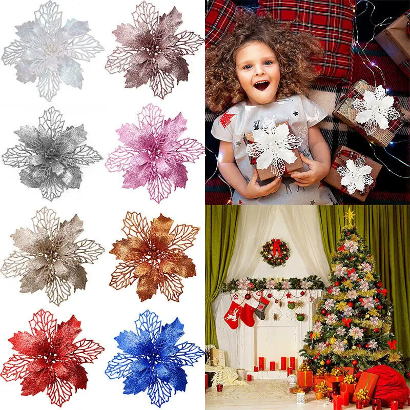 

10pcs 11cm Glitter Artifical Christmas Flowers Christmas Tree Decorations For Home Fake Flowers Xmas Ornaments New Year Decor