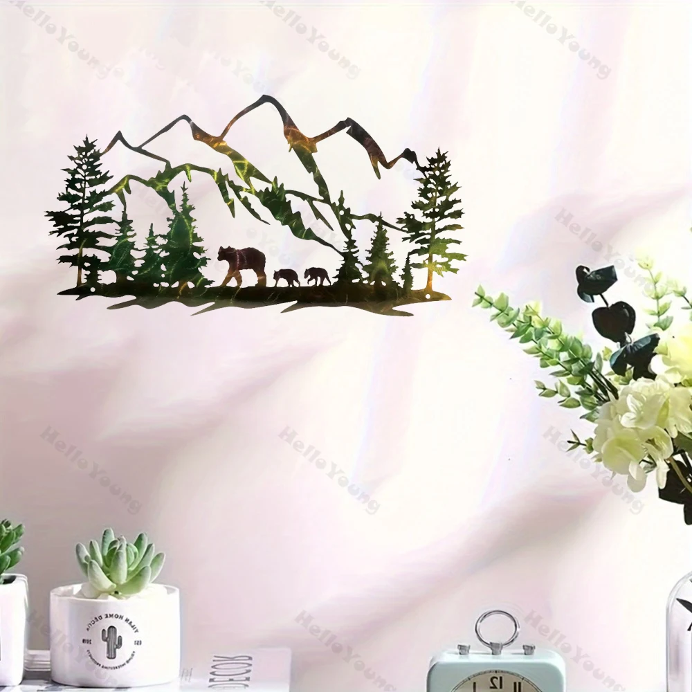 A Fascinating One Piece Metal Wall Art for Rustic Home Showcasing Forest Mountain and Bear Silhouettes