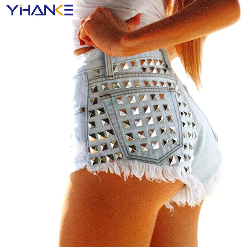 

Juicy Apple Women's Fashion Brand Vintage Tassel Rivet Ripped Loose High Waisted Short Jeans Punk Sexy Hot Woman Denim Shorts