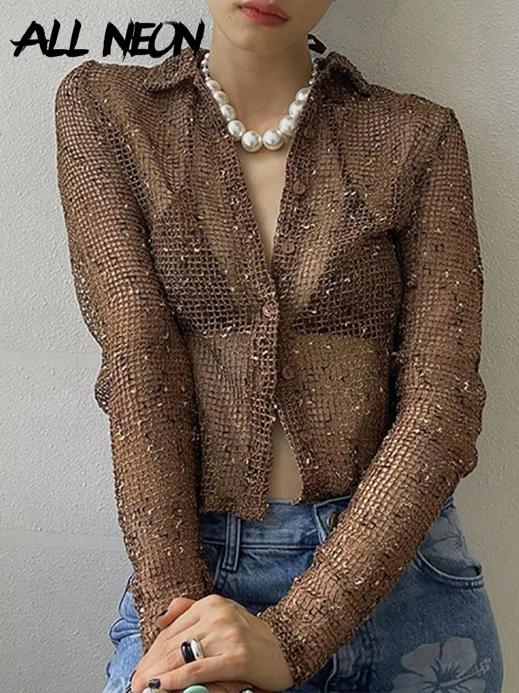 

ALLNeon Y2K Streetwear Button Up Brown Fishnet T-shirts Rave Outfits Women 90s Retro Turn Down Collar Long Sleeve Mesh Crop Tops