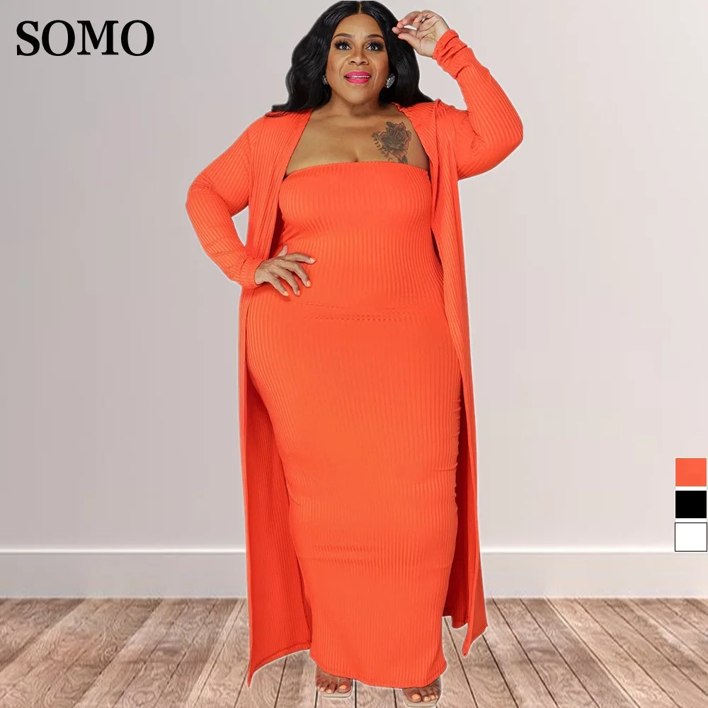 SOMO 2022 Winter Plus Size Sets Women Solid Color Sexy Long Sleeve Coat and Tube Top Dress Two Pieces Wholesale Dropshipping