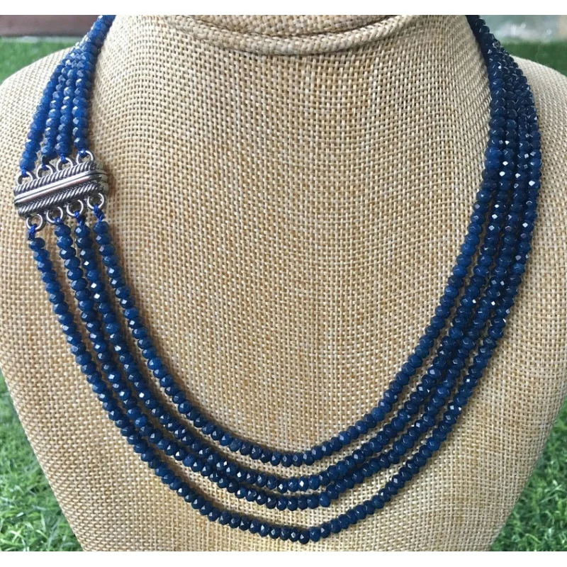 

Antique magnetic 4-row 2x4MM blue sapphire roundel faceted jewelry necklac17-20"
