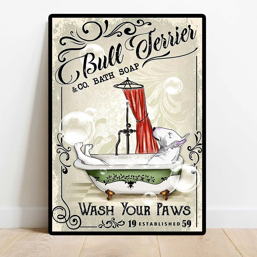 

Bull Terrier Bath Soap Company Poster Lover Gift Wall Art Star Dog Animal Retro Toilet Mural Canvas Painting Tub Room Home Decor