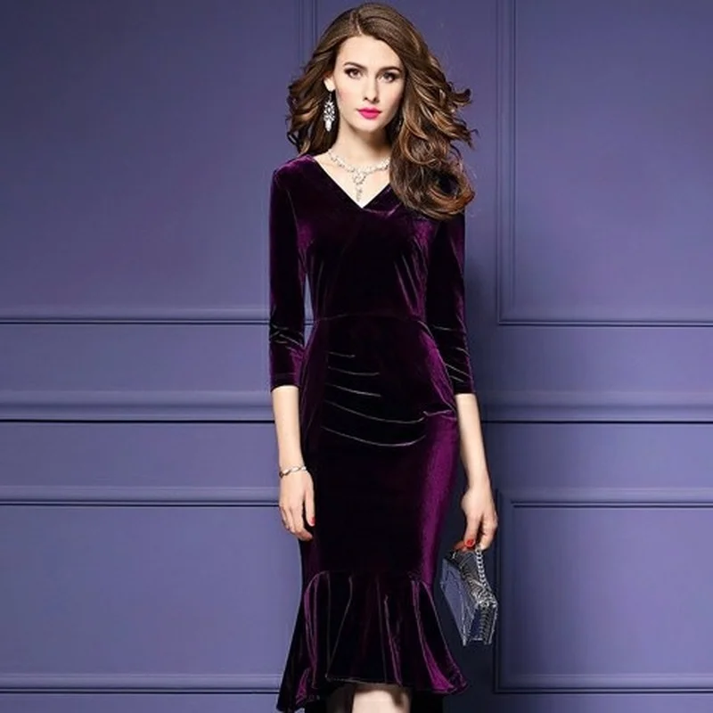 

Women's Dress Fishtail Skirt Sexy V Neck High Waist Solid Color Tight Fitting Hip Wrap Long Sleeves Summer Temperament Tenafeicc