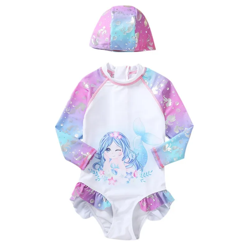 

Magical Mermaid Swimwear: Adorable Angel Print Rash Guard with Swim Cap for Girls 3-7 years