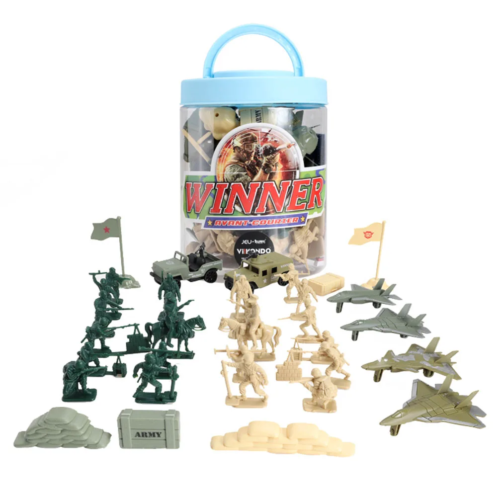

ViiKONDO Army Men Toy Bucket 11 Poses Green VS Tan Soldiers Plastic Action Figure Fun Military Model with Map Vehicles Aircrafts