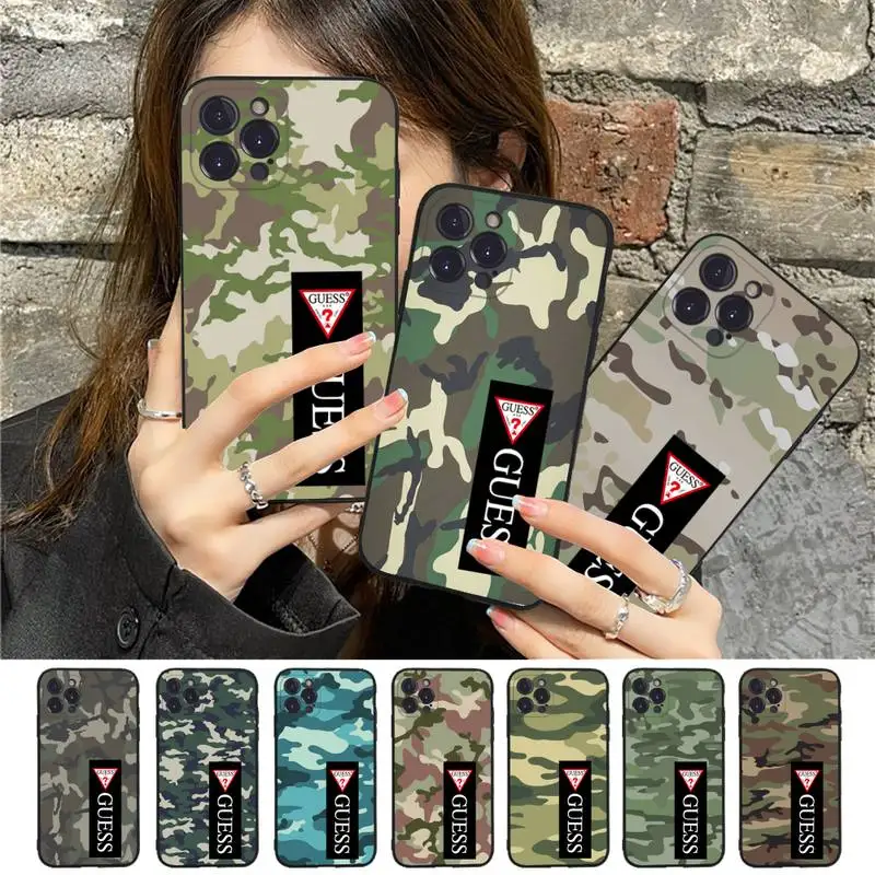

Luxury Guess Army Green Camouflage Phone Case For iPhone 13 11 8 7 6 6S Plus X XS MAX 5 5S SE 2020 XR 11 pro Funda