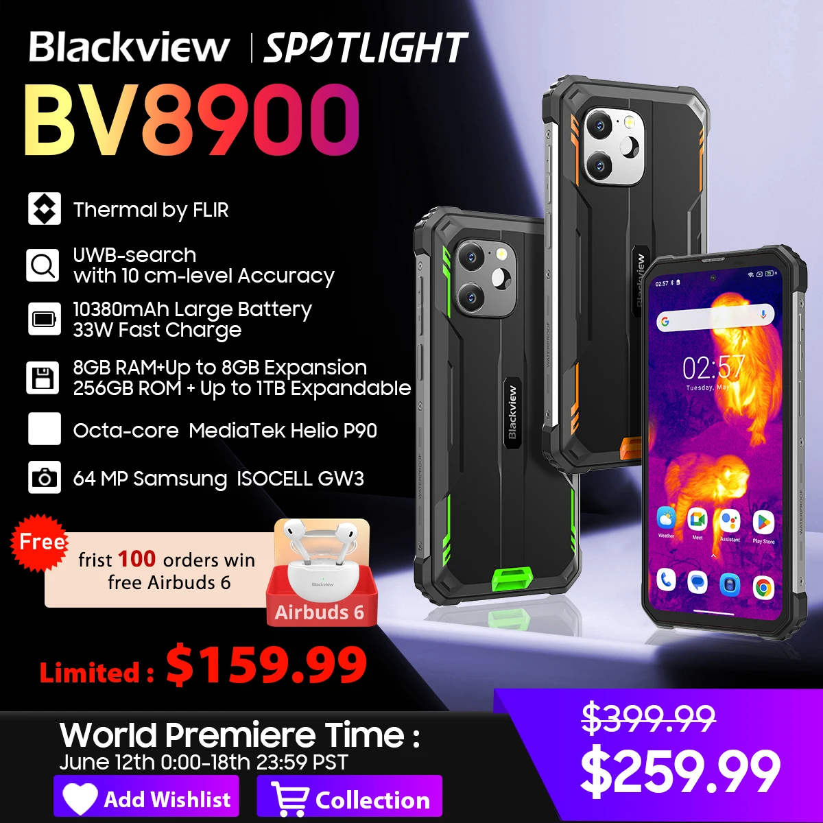 [World Premiere] Blackview BV8900 Android 13 6.5 inch 1080*2400 Display 16GB 256GB Helio P90 64MP Rear Camera with Upgraded FLIR