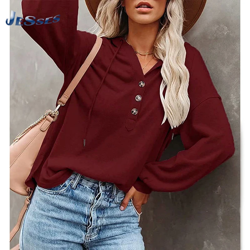 

Весенне-осенне-зимняя женская повседневная спортивная одежда с капюшоном на пуговицах, Женский Повседневный свитер с длинным рукавом и V-образным вырезом, пуловер с капюшоном