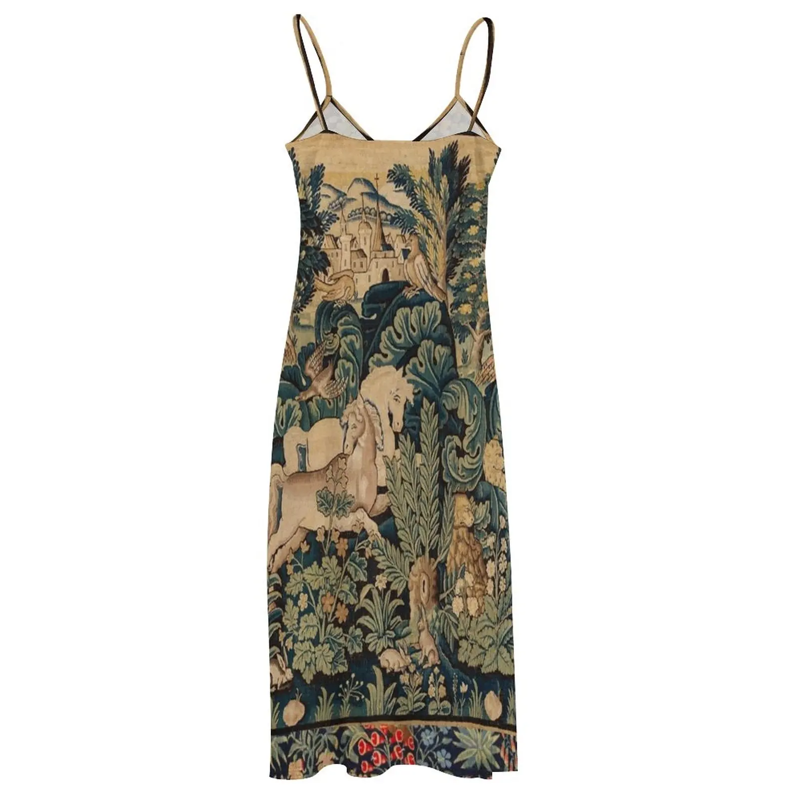 Женское платье без рукавов летнее с животными и лошадьми в лесу голубое зеленое