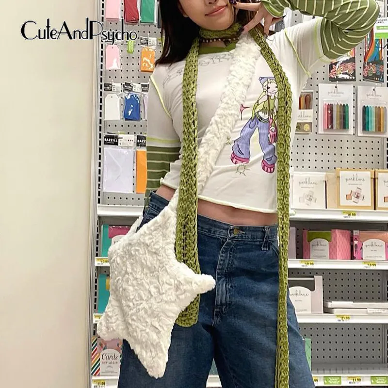 

Милые однотонные сумки через плечо cuteandпсихоsweet, уличная одежда, шикарные меховые сумки с пятиконечной звездой Y2K, модные повседневные милые аксессуары для женщин