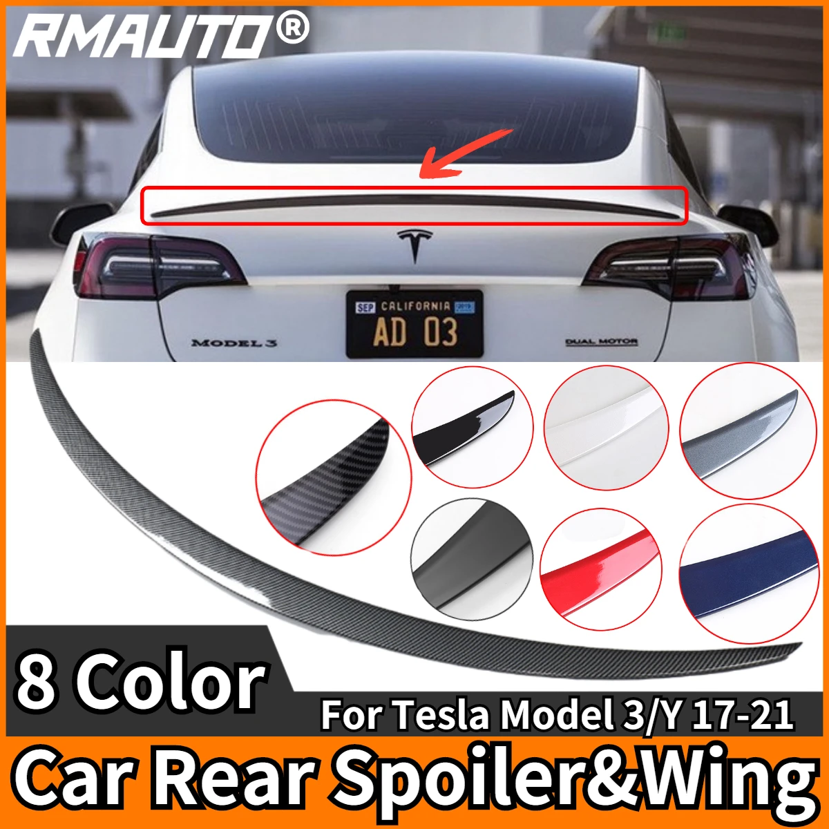 

RMAUTO Rear Trunk Lip Carbon Fiber Wing Spoiler Car Styling Rear Trunk Spoiler Body Kit For Tesla Model 3 2017-2021 Model Y 2021