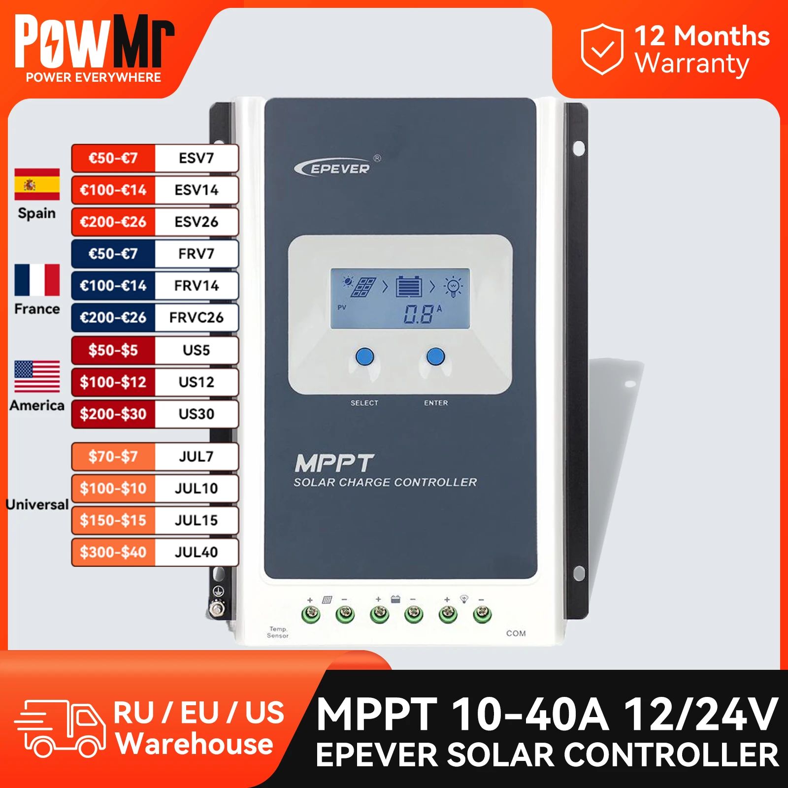 Регулятор солнечной батареи EPever MPPT, автоматический контроллер заряда для свинцово-кислотных литиевых батарей, 40 А 30 А 20 А 10 А 12 В 24 В