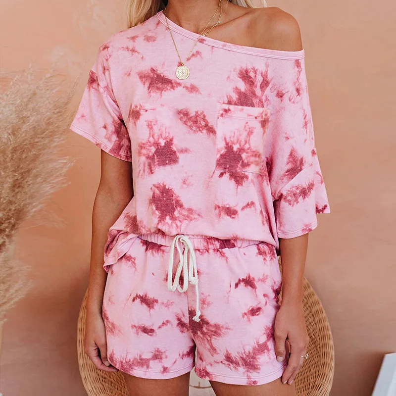 2022 Women Tie Dye Printed Short Pajama Set Womens Summer Loungewear Summer Sets Two Piece Pyjamas Home Wear